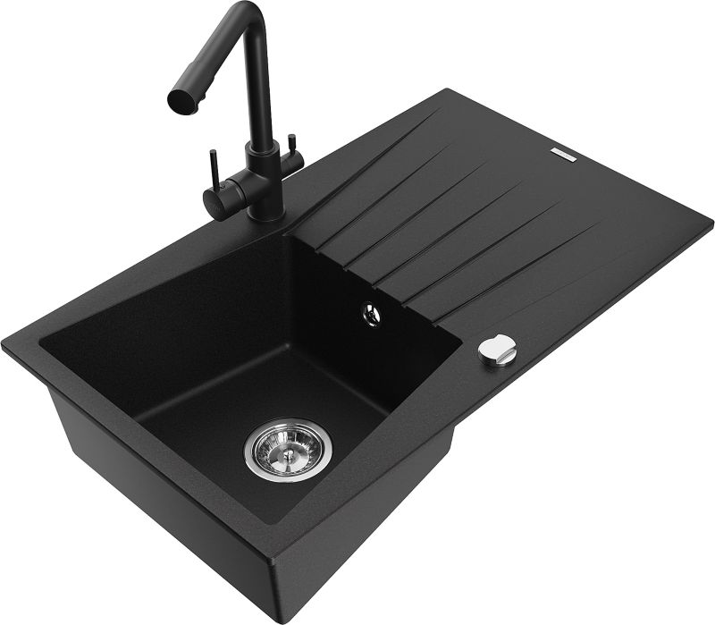 Zlewozmywak granitowy Mexen Cesar 1-komorowy z ociekaczem i baterią kuchenną Duero czarny - 6514-77-671600-50 1 szt.