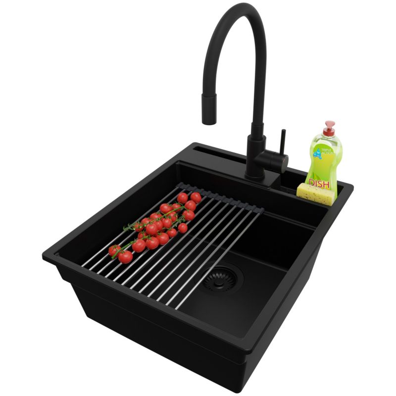 Zlewozmywak Granitowy Oslo Pocket PRIMAGRAN Nablatowy 43x53cm do szafki od 45cm z Syfonem i Baterią i Dodatkiem Cały Czarny 1 szt.