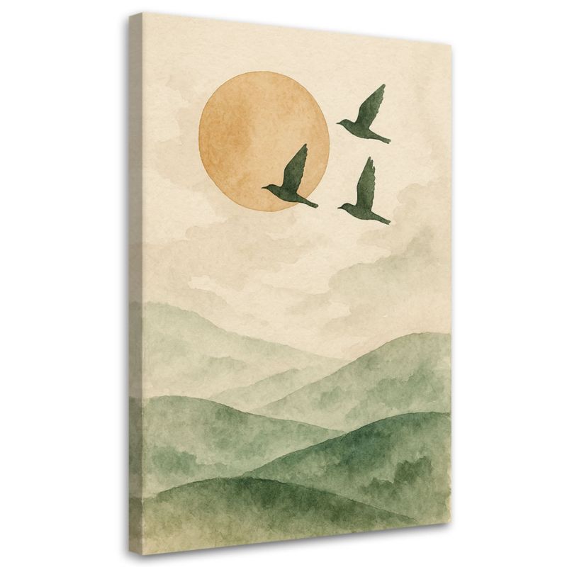 Obraz Japandi Feeby Ptaki Góry Akwarela Zielenie Beż 60x90cm 1szt