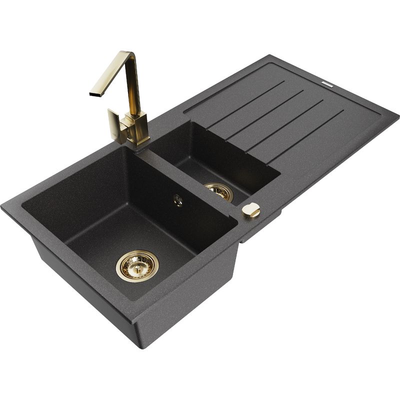 Zlewozmywak granitowy 1.5-komorowy Mexen Andres z ociekaczem i baterią kuchenną Rita czarny nakrapiany 6515-76-670300-50