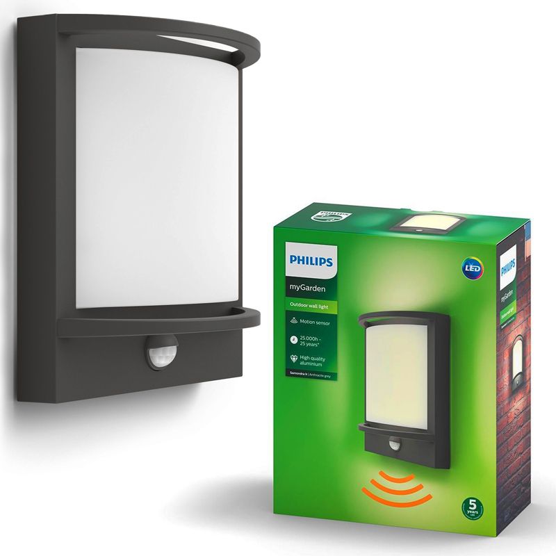 Kinkiet Ogrodowy Philips Lampa Elewacyjna Zewnętrzna LED 12W 1200lm 2700K IP44 z Czujnikiem Ruchu i Zmierzchu Antracyt 1 szt.