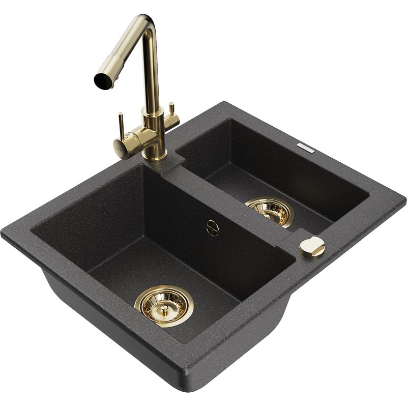 Zlewozmywak granitowy 1.5-komorowy Mexen Carlos z baterią kuchenną Duero czarny nakrapiany 6518-76-671600-50