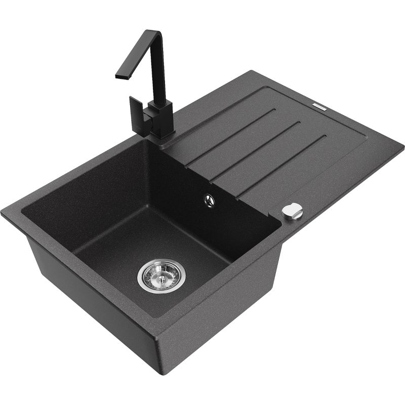 Zlewozmywak granitowy 1-komorowy Mexen Bruno z ociekaczem i baterią kuchenną Rita czarny nakrapiany - 6513-76-670300-76 1 szt.