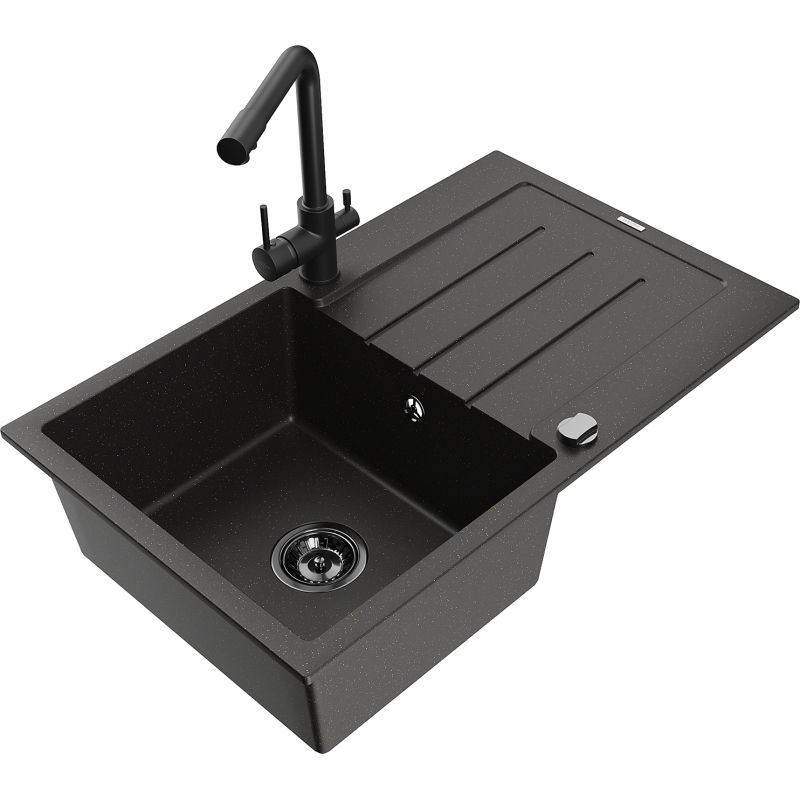 Zlewozmywak granitowy 1-komorowy Mexen Bruno z ociekaczem i baterią kuchenną Duero czarny/złoty metalik 6513-75-671600-70-B