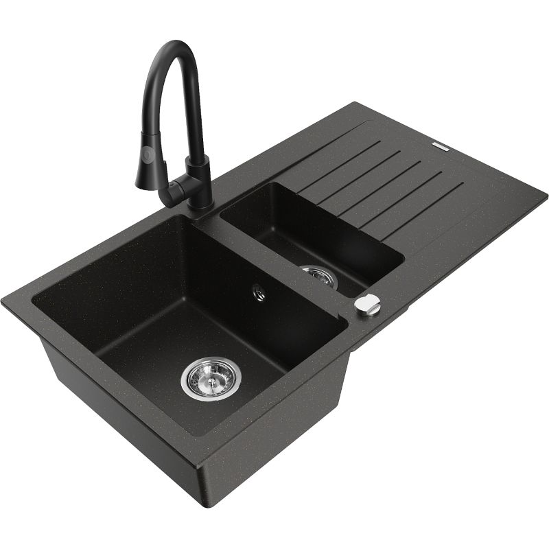 Zlewozmywak granitowy 1.5-komorowy Mexen Matias z ociekaczem i baterią kuchenną Elia czarny/złoty metalik 6502-75-670101-70