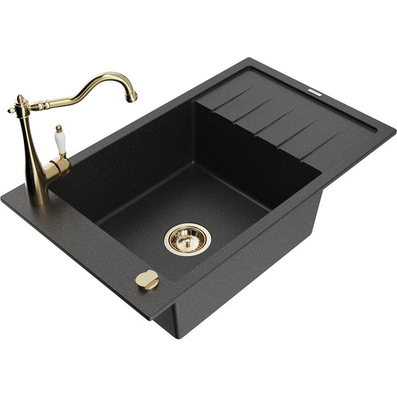 Zlewozmywak granitowy 1-komorowy Mexen Elias z ociekaczem i baterią kuchenną Carla czarny/srebrny metalik 6511-73-670700-50