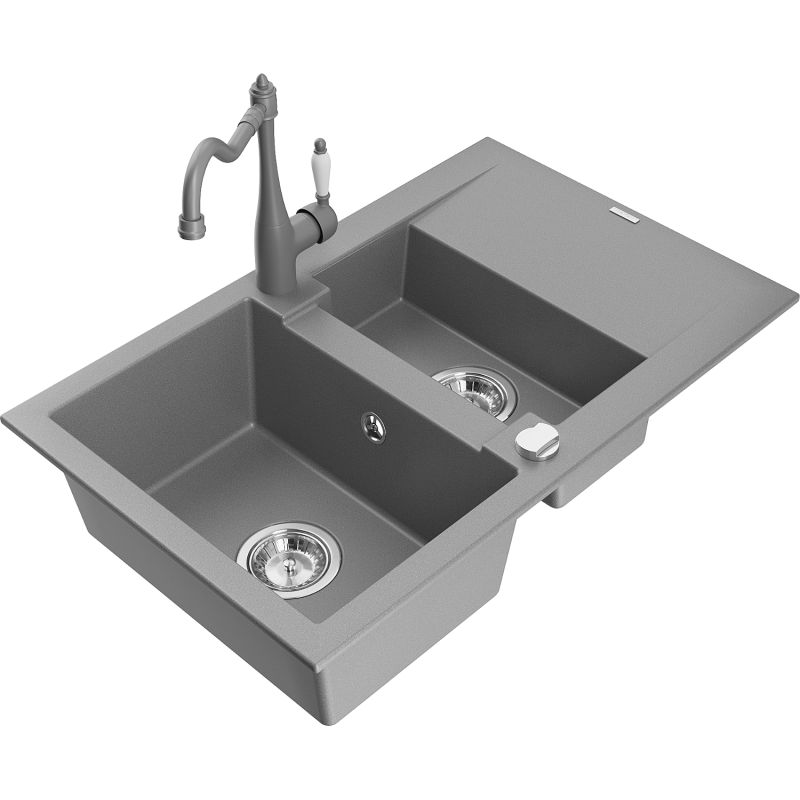 Zlewozmywak granitowy 1.5-komorowy Mexen Gaspar z ociekaczem i baterią kuchenną Duero czarny - 6507-77-671600-70 1 szt.