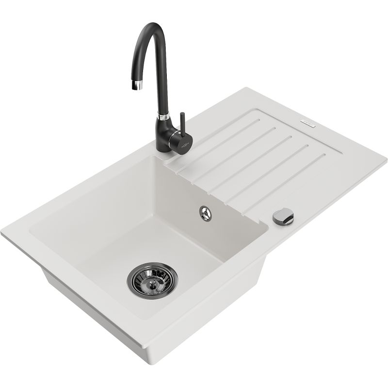 Zlewozmywak granitowy 1-komorowy Mexen Pablo z ociekaczem i baterią kuchenną Telma biały 6510-20-670200-70