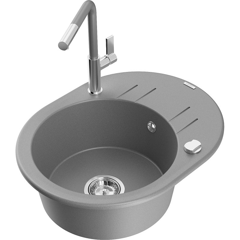 Zlewozmywak granitowy 1-komorowy Mexen Kevin z ociekaczem i baterią kuchenną Flora szary 6517-71-670401-06