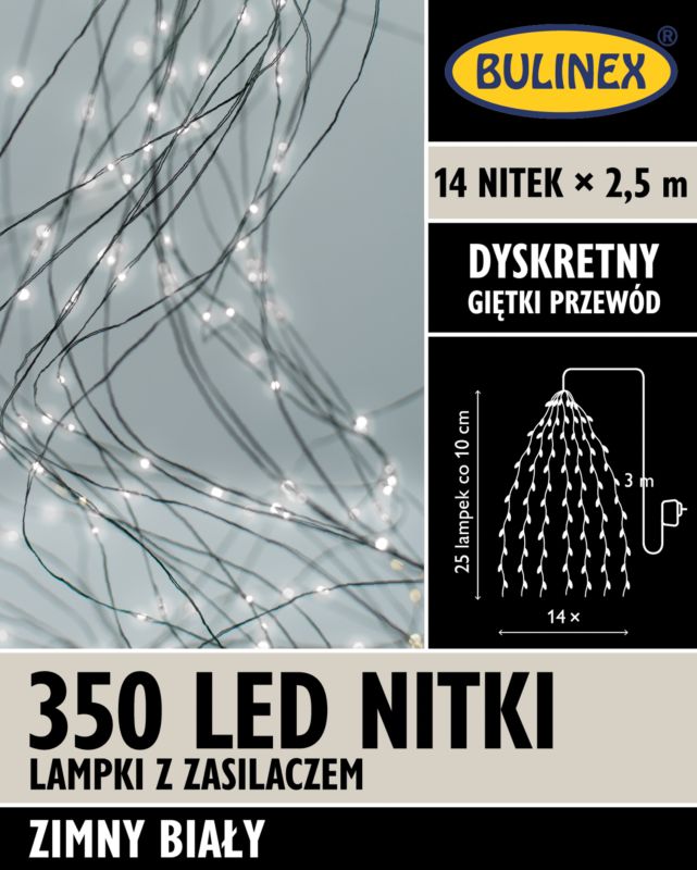 Lampki wewnętrzne 350 LED Bulinex nitki 14 x 2,5 m barwa zimna biała