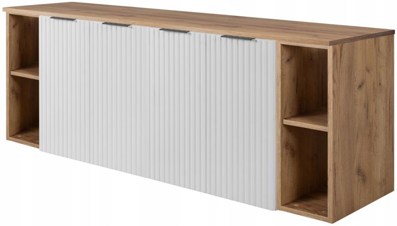 Szafka łazienkowa Furnidea 160 cm wisząca pod umywalkę czarna z blatem i regałami dąb craft złoty Flow 1 szt.