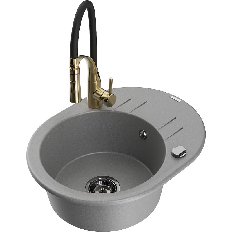 Zlewozmywak granitowy 1-komorowy Mexen Kevin z ociekaczem i baterią kuchenną Aster szary 6517-71-73450-57-B