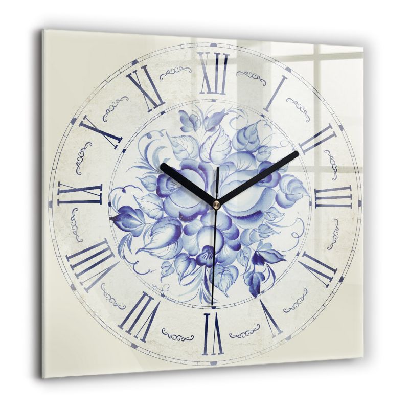 Zegar szklany czarne wskazówki Wallfluent 60x60 cm Niebieskie kwiaty 1 szt.