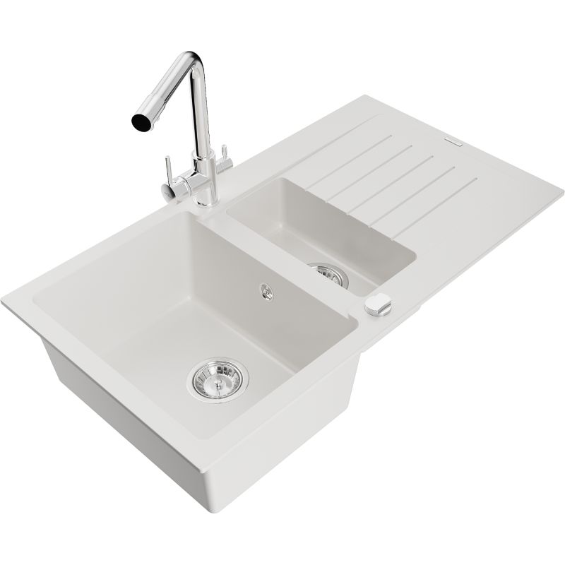 Zlewozmywak granitowy 1.5-komorowy Mexen Matias z ociekaczem i baterią kuchenną Duero biały 6502-20-671600-00