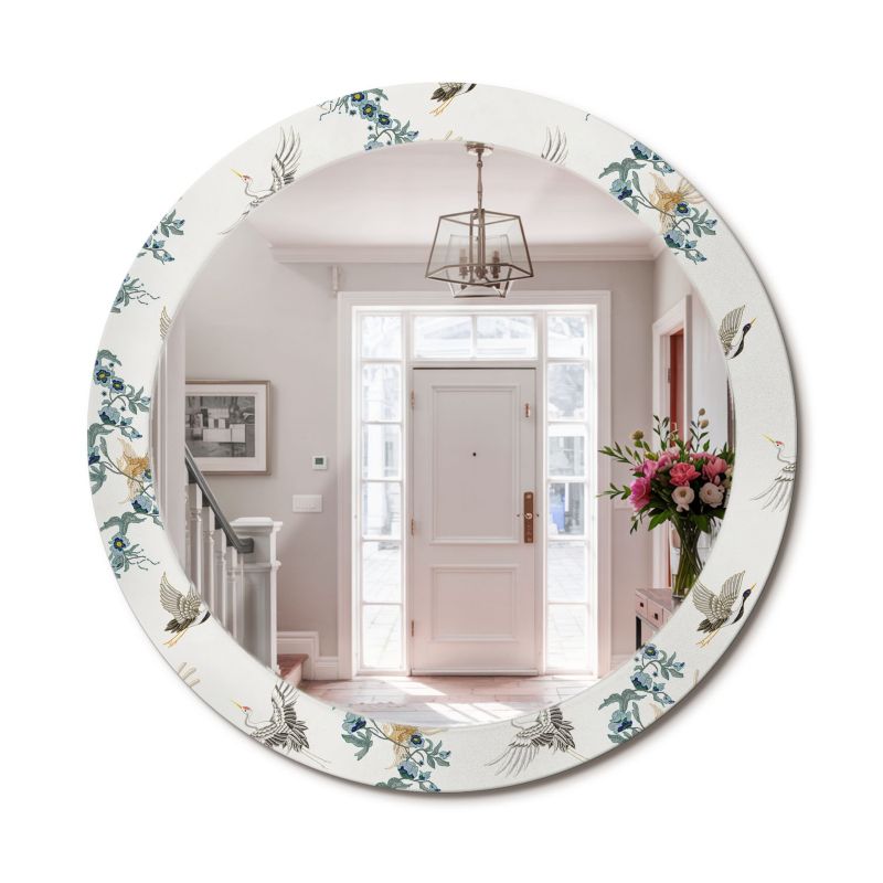 Lustro Okrągłe ArtPrintCave 80 cm Chińskie Ptaki w Szklanej Ramie z Nadrukiem do Garderoby 1 szt.