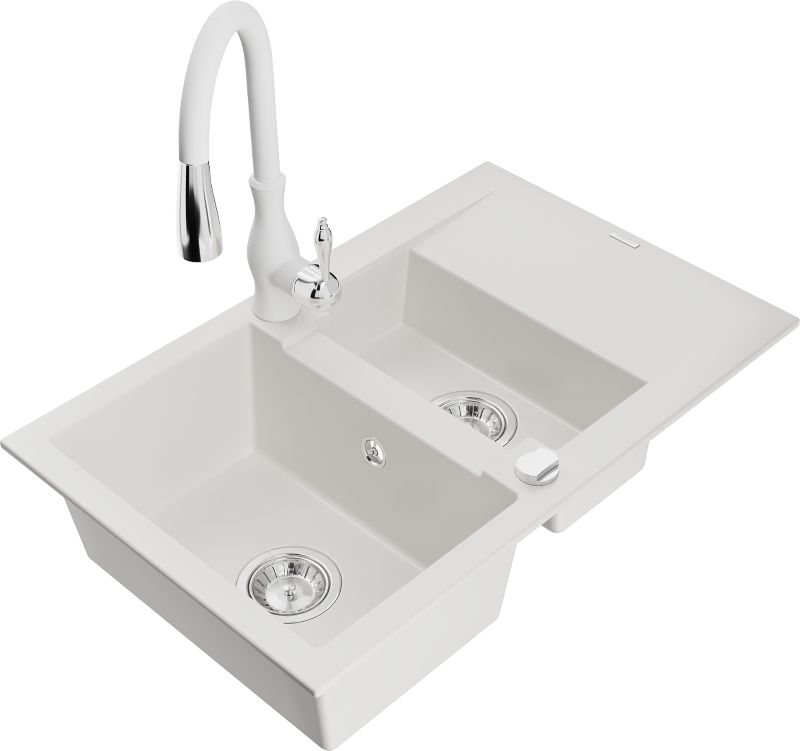 Zlewozmywak granitowy Mexen Gaspar 1,5-komorowy z ociekaczem i baterią kuchenną Savita biały 6507-20-672601-20