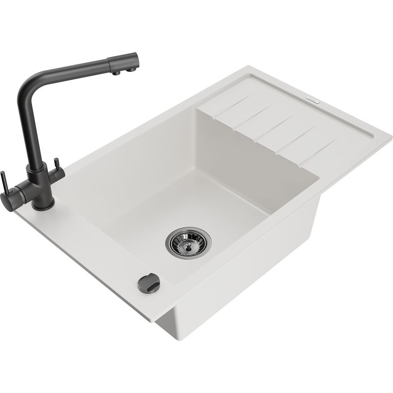 Zlewozmywak granitowy 1-komorowy Mexen Elias z ociekaczem i baterią kuchenną Duero czarny - 6511-77-671600-70 1 szt.