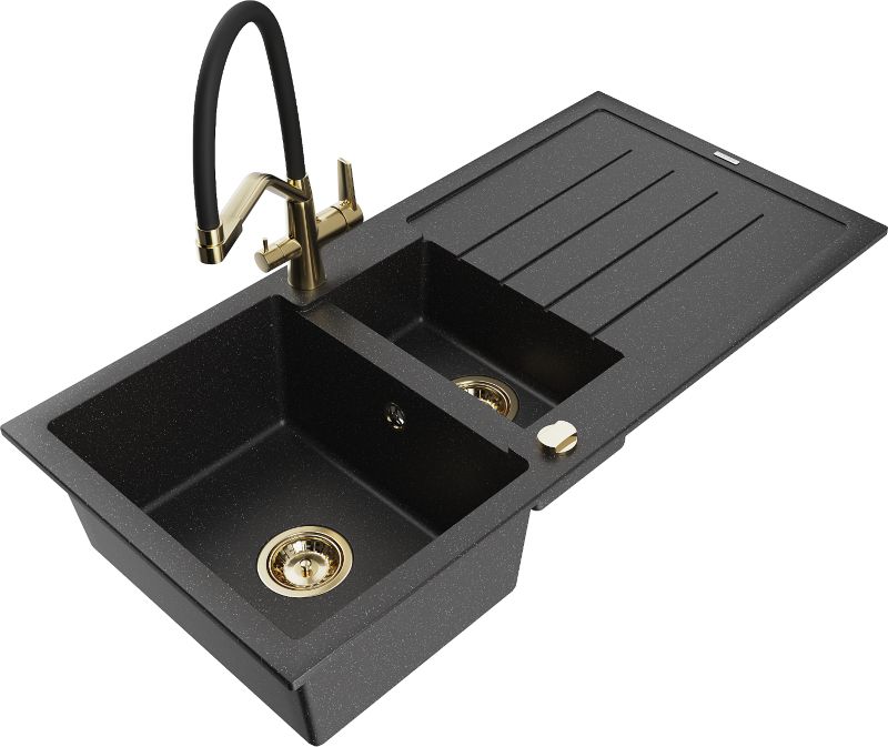 Zlewozmywak granitowy Mexen Andres 1,5-komorowy z ociekaczem i baterią kuchenną Duo czarny/srebrny 6515-73-671701-57-G