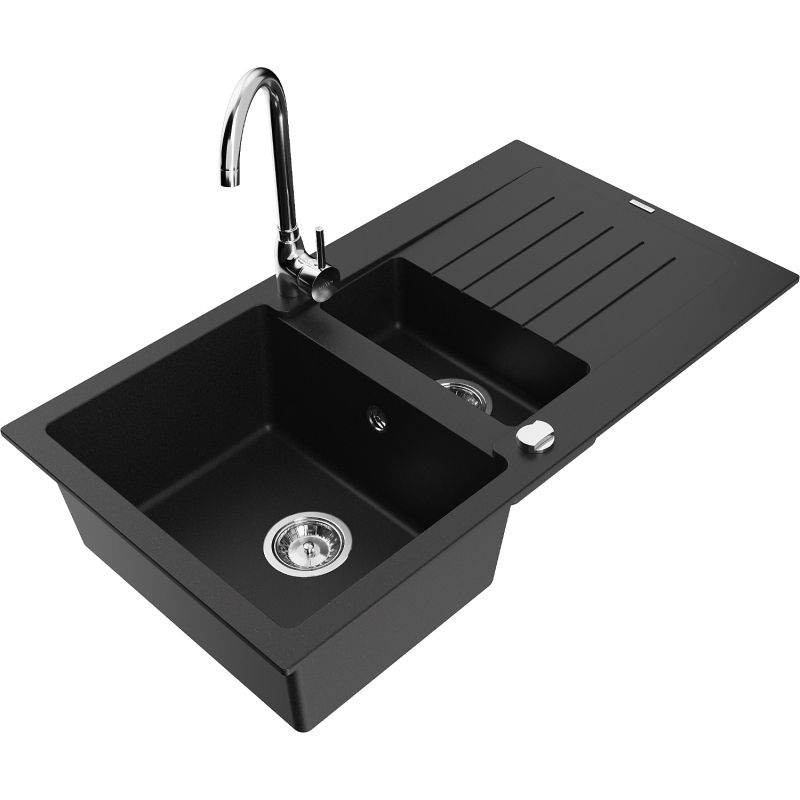 Zlewozmywak granitowy 1.5-komorowy Mexen Matias z ociekaczem i baterią kuchenną Telma czarny/srebrny - 6502-73-670200-70 1 szt.