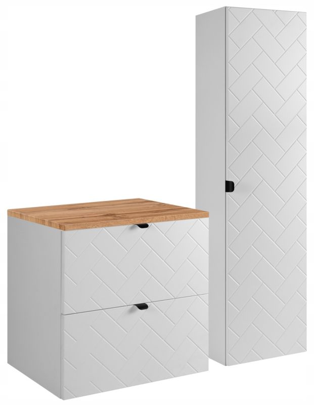 Szafka pod umywalkę i słupek Furnidea 60 cm + 35 cm biały dąb Wotan ryflowany Trend zestaw