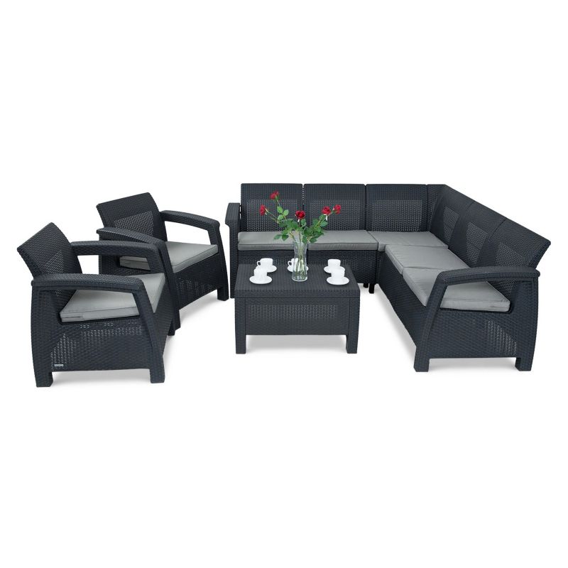 Zestaw Mebli Ogrodowych Keter CORFU narożnik na Taras Stolik Fotel Grafit 1 kpl