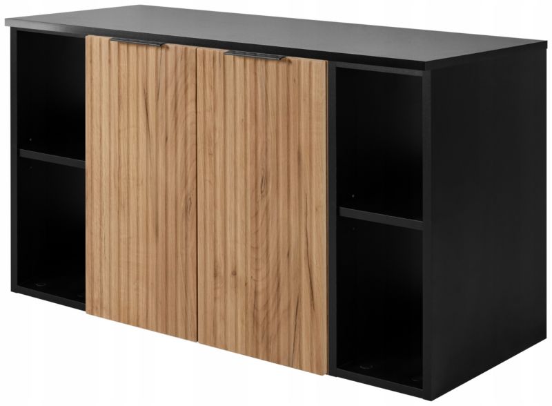 Szafka łazienkowa Furnidea 100 cm wisząca pod umywalkę dąb craft złoty z czarnym blatem i regałami Flow 1 szt.