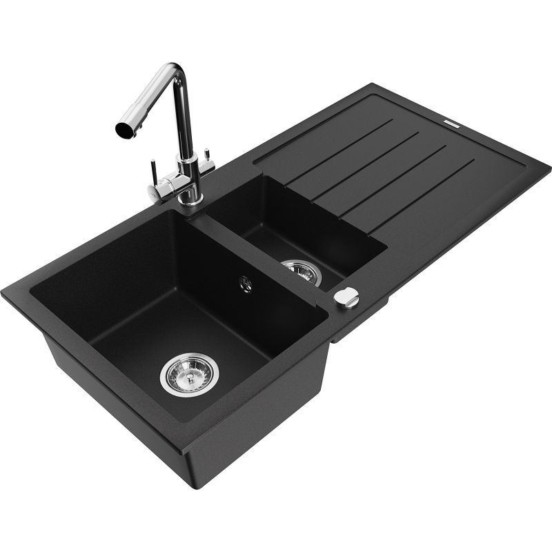 Zlewozmywak granitowy 1.5-komorowy Mexen Andres z ociekaczem i baterią Duero czarny nakrapiany - 6515-76-671600-76 1 szt.