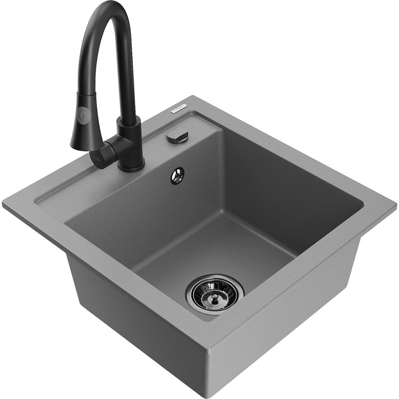 Zlewozmywak granitowy 1-komorowy Mexen Vito z baterią kuchenną Flora beżowy - 6503-69-670401-70-B 1 szt.