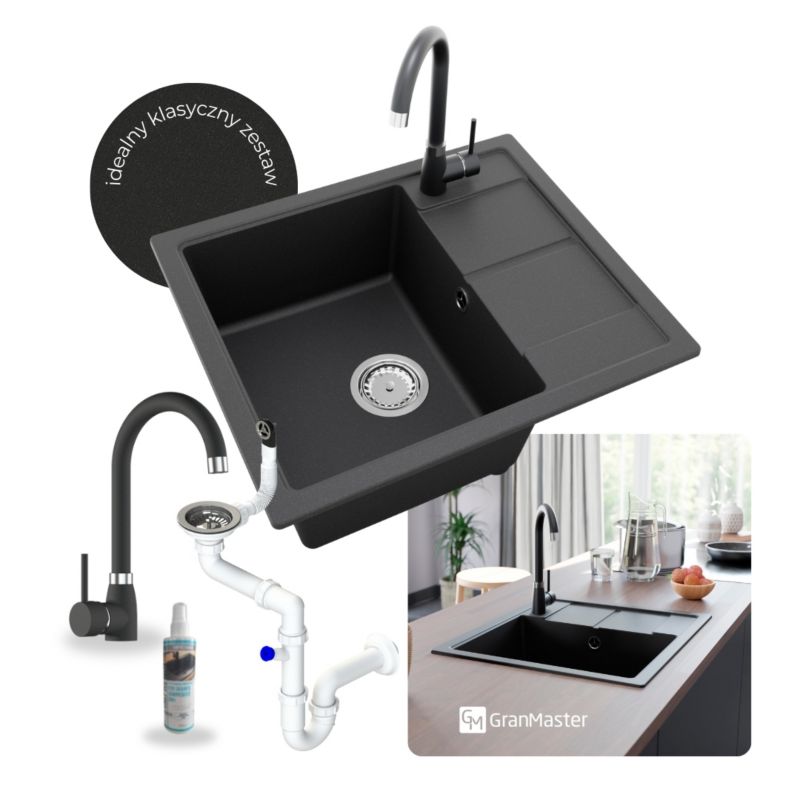 Zestaw zlewozmywak granitowy GranMaster, Horizon 59x50x20,3cm czarny metalik z baterią, syfonem oraz impregnat 1szt.