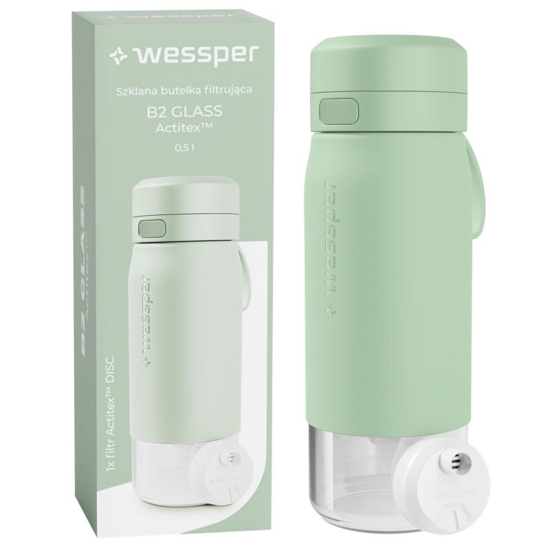 Butelka na wodę, Wessper, filtrująca, szkło borokrzemowe, bidon, z filtrem do wody, 500ml, B2 GLASS Actitex, miętowa, 1szt