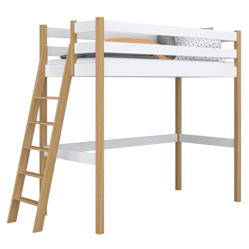 Drewniane łóżko na antresoli N-WOOD N02 90x190 biały / dąb naturalny 1 szt.