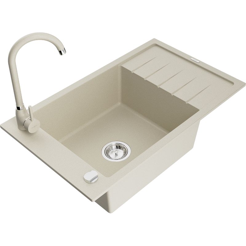 Zlewozmywak granitowy 1-komorowy Mexen Elias z ociekaczem i baterią kuchenną Telma beżowy - 6511-69-670200-70 1 szt.