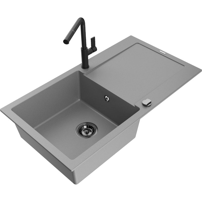 Zlewozmywak granitowy 1-komorowy Mexen Leo z ociekaczem i baterią kuchenną Rita czarny - 6501-77-670300-70-B 1 szt.