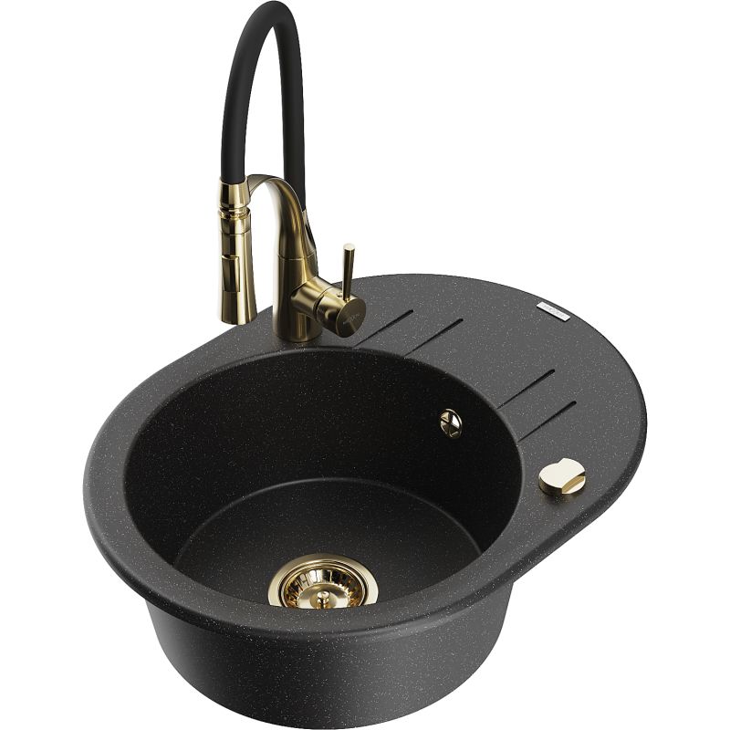 Zlewozmywak granitowy 1-komorowy Mexen Kevin z ociekaczem i baterią kuchenną Aster szary - 6517-71-73450-70-B 1 szt.