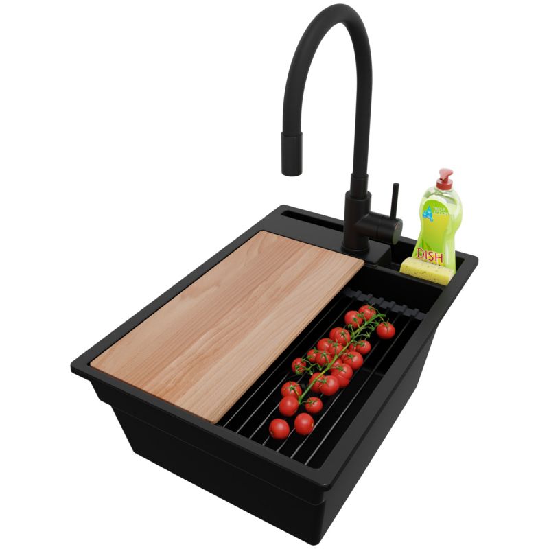 Zlewozmywak Granitowy Oslo Pocket PRIMAGRAN Nablatowy 38x53cm, Cały Czarny + Bateria + Syfon + Akcesorium, 1 szt.