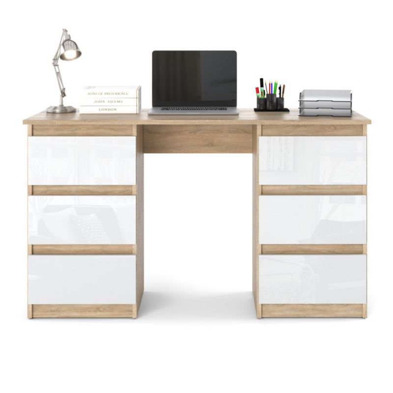 Biurko Hurtownia-Mebli Szuflady 6 Hugo 120cm Dąb Sonoma Biały Połysk 120x50x75 cm 1szt.