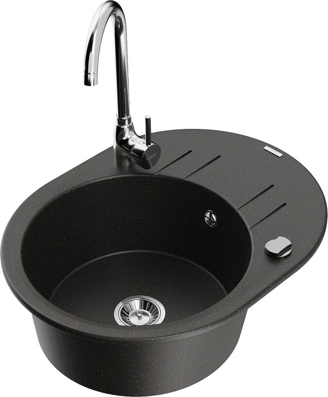 Zlewozmywak granitowy Mexen Kevin 1-komorowy z ociekaczem i baterią kuchenną Telma czarny/złoty 6517-75-670200-00