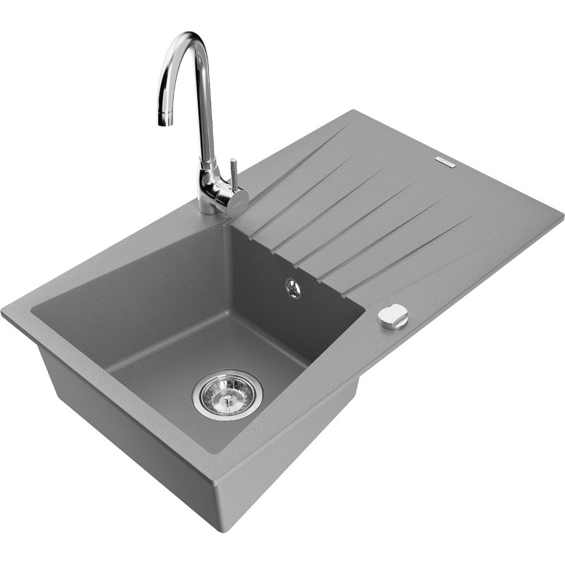 Zlewozmywak granitowy 1-komorowy Mexen Cesar z ociekaczem i baterią kuchenną Telma szary - 6514-71-670200-70-B 1 szt.