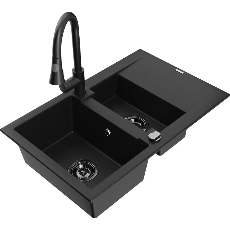 Zlewozmywak granitowy 1.5-komorowy Mexen Gaspar z ociekaczem i baterią kuchenną Elia czarny 6507-77-670101-70-B