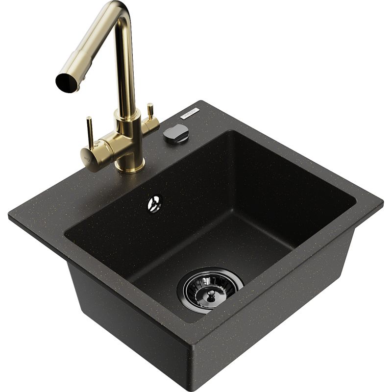 Zlewozmywak granitowy 1-komorowy Mexen Milo z baterią kuchenną Duero czarny/złoty metalik 6505-75-671600-50-B