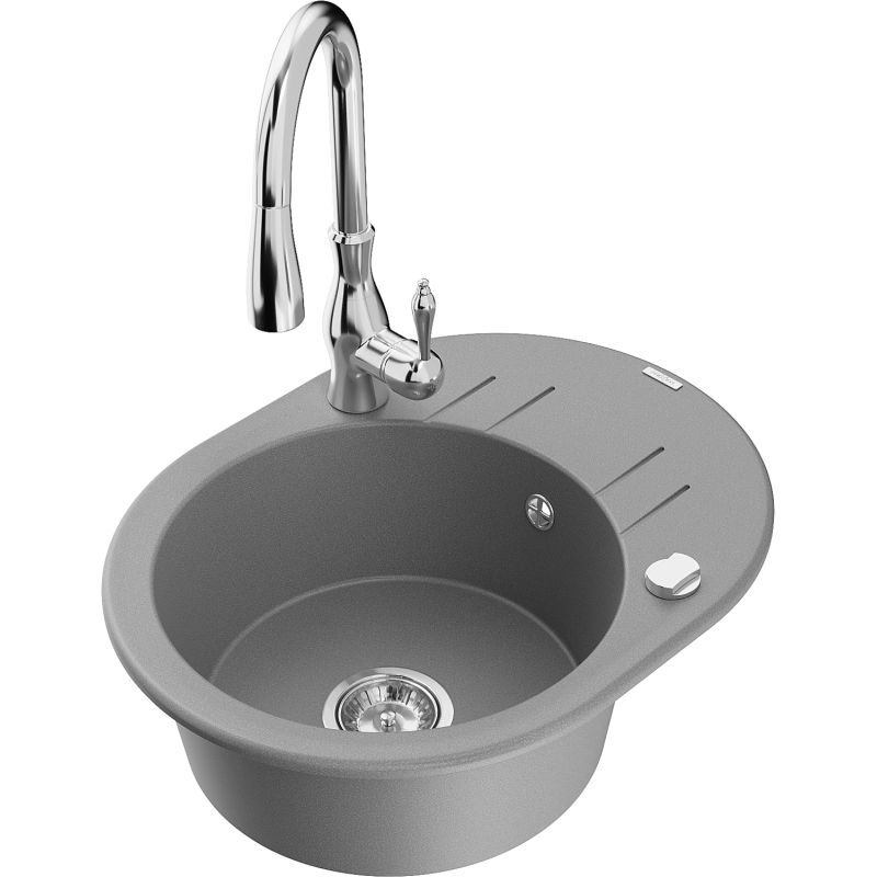 Zlewozmywak granitowy 1-komorowy Mexen Kevin z ociekaczem i baterią kuchenną Savita szary - 6517-71-672601-71 1 szt.