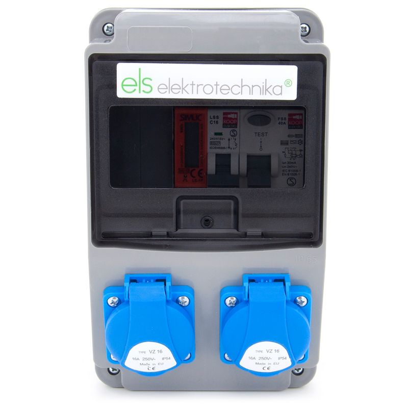 Rozdzielnica budowlana, erbetka ogrodowa ELS Elektrotechnika 6NO21C00FL 2x230V IP54 zabezpieczona C16 FI40/2 i licznikiem, 1 szt.