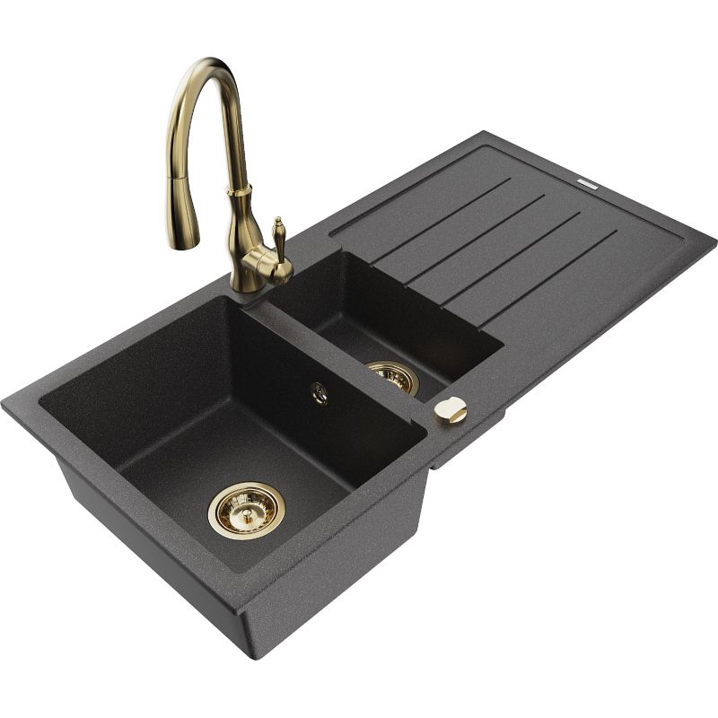 Zlewozmywak granitowy 1.5-komorowy Mexen Andres z ociekaczem i baterią kuchenną Savita czarny nakrapiany 6515-76-672601-50