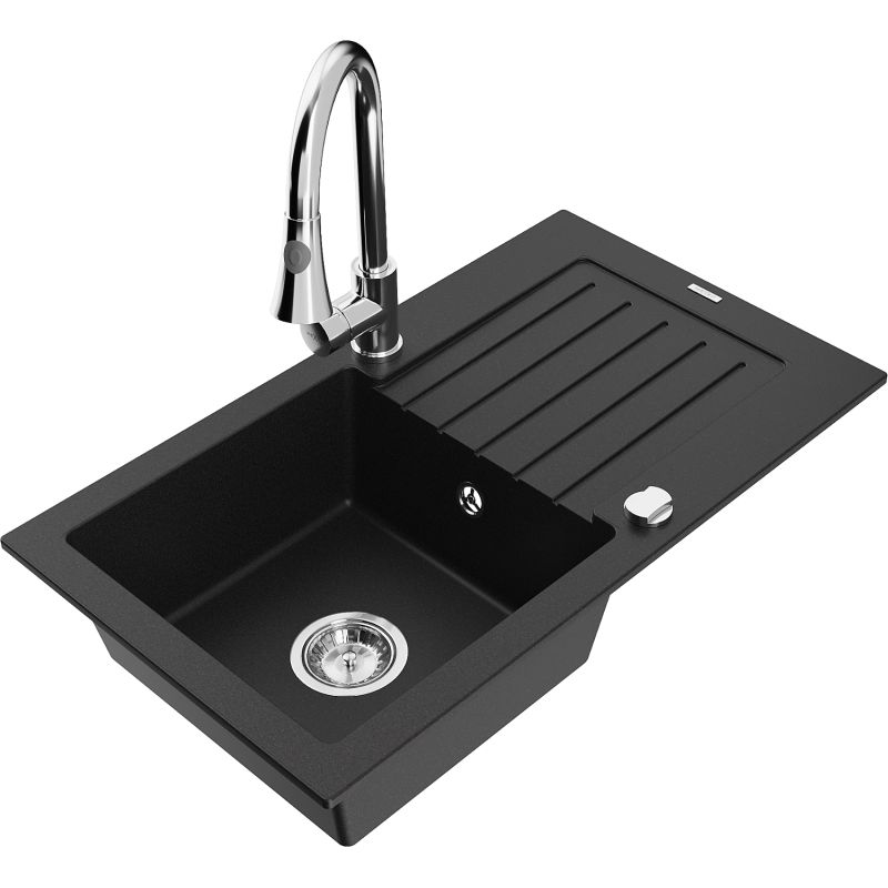 Zlewozmywak granitowy 1-komorowy Mexen Pablo z ociekaczem i baterią kuchenną Elia czarny 6510-77-670101-00