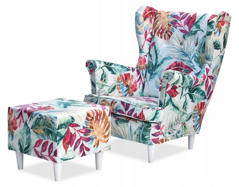 Fotel uszak do salonu z podnóżkiem Family Meble ARI PRINT liście 1szt