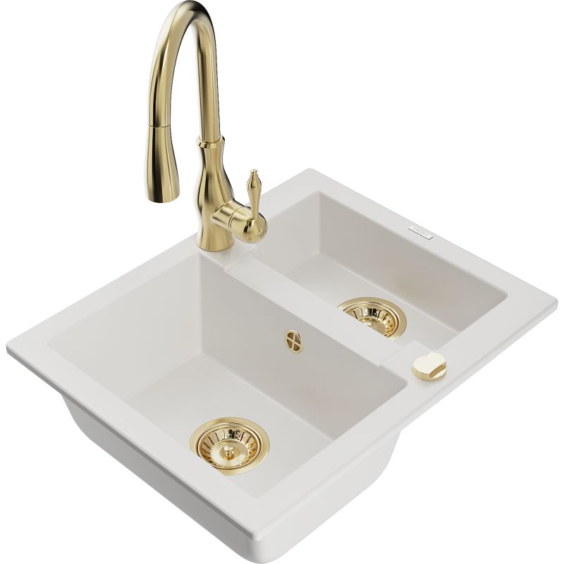 Zlewozmywak granitowy 1.5-komorowy Mexen Carlos z baterią kuchenną Savita biały 6518-20-672601-50