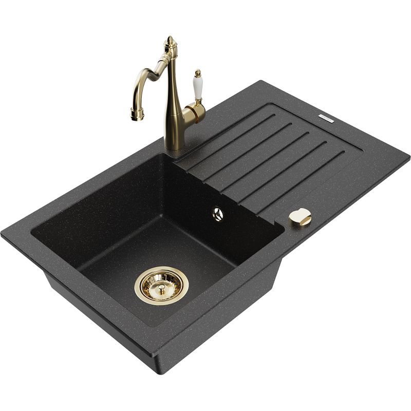 Zlewozmywak granitowy 1-komorowy Mexen Pablo z ociekaczem i baterią kuchenną Carla czarny/srebrny metalik 6510-73-670700-50