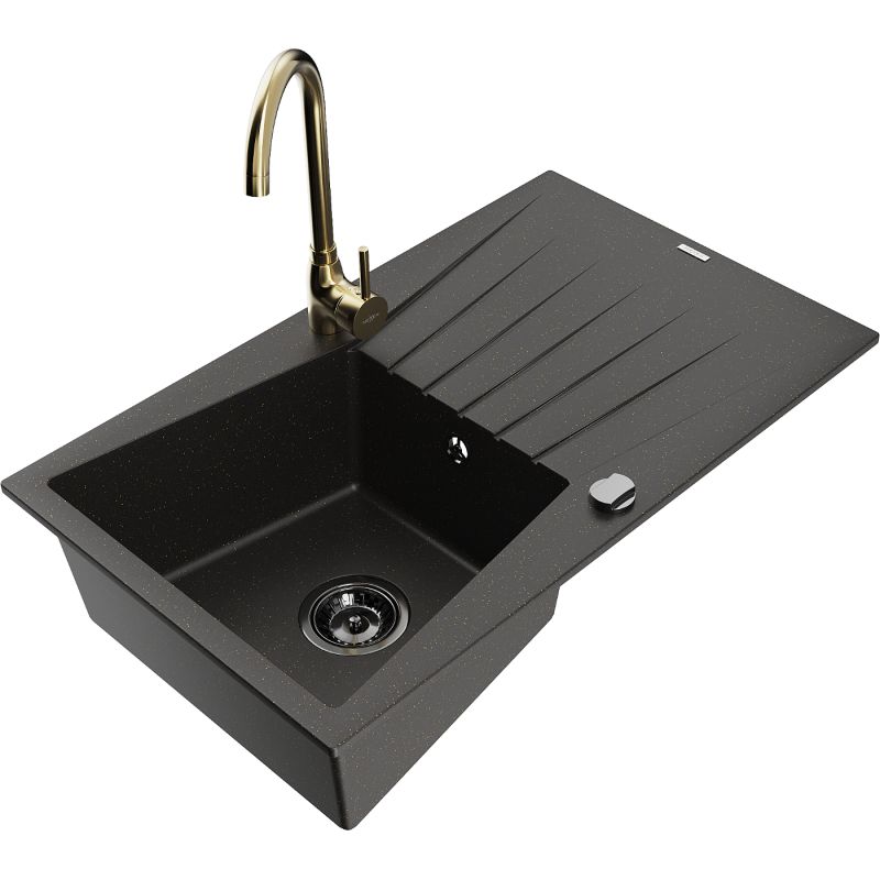 Zlewozmywak granitowy 1-komorowy Mexen Cesar z ociekaczem i baterią kuchenną Telma czarny/złoty 6514-75-670200-50-B