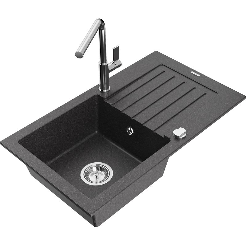 Zlewozmywak granitowy 1-komorowy Mexen Pablo z ociekaczem i baterią kuchenną Flora czarny nakrapiany 6510-76-670401-00