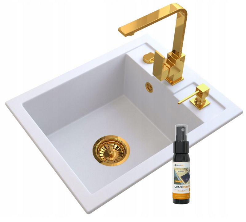 Zlew Granitowy Jednokomorowy Granitan Best Biały Bateria Złota Dozownik Złoty Syfon Automatyczny 1 kpt.